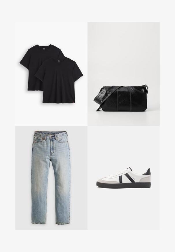 Donzen jas in donkergrijs met een geribbelde kraag, volledige rits en twee voorzakken. Gequilte textuur met een iets verkorte silhouette.; Twee zwarte katoenen t-shirts met korte mouwen, ronde halslijnen en een ontspannen pasvorm. Elk heeft een klein geweven label aan de zoom.; Lichtblauwe denim jeans met hoge taille, frontknop, rits en vijfzakkenontwerp, plat gelegd op een neutrale achtergrond.; Witte sneaker met zwarte en grijze accenten, voorzien van een grijze neus met textuur, zwarte rubberen zool en platte witte veters. Schoon ontwerp, minimalistische stijl.; Zwarte leren schoudertas met een ritsluiting, voorzien van een gestructureerd lichaam, witte stiksels en een band met zilveren oogjes.
