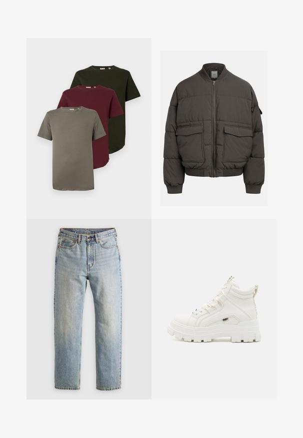 Giubbotto imbottito grigio scuro con colletto a coste, zip completa e due tasche frontali. Texture trapuntata con una silhouette leggermente accorciata.; Tre T-shirt a maniche corte in verde oliva, borgogna e grigio, realizzate in cotone morbido, con collo a giro e vestibilità comoda.; Jeans in denim azzurro chiaro con vita alta, bottone anteriore, cerniera e design a cinque tasche, adagiati su uno sfondo neutro.; Sneaker bianchi alte alla caviglia con finitura testurizzata, suola in gomma spessa e colletto imbottito. Presentano un design con lacci e un'accattivante accentatura con logo.