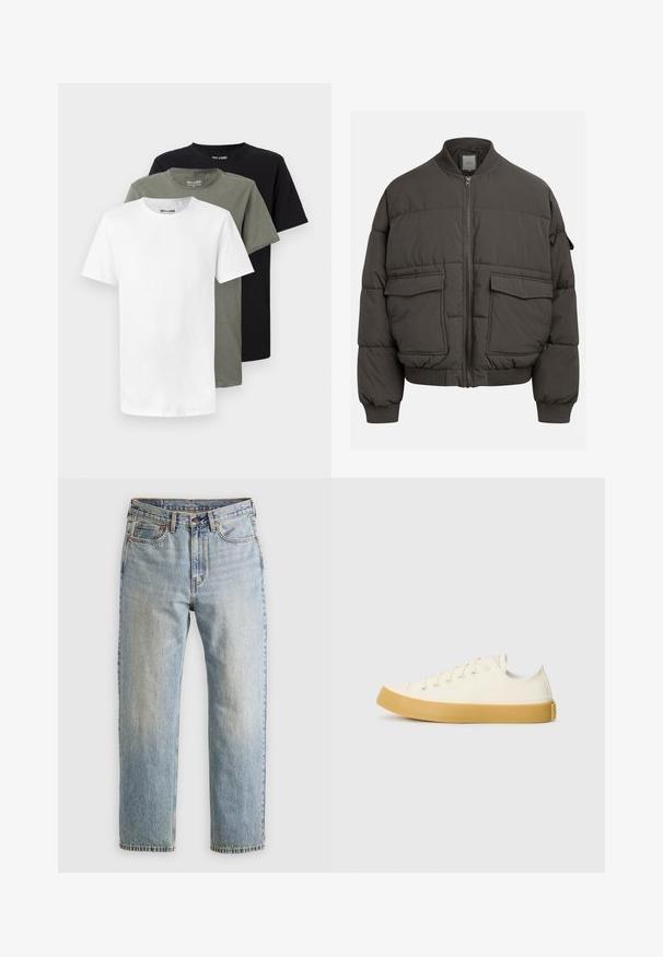 Puffer jacket in dark gray with a ribbed collar, full zip, and two front pockets. Quilted texture with a slightly cropped silhouette.; Three crew-neck t-shirts in white, olive green, and black. Made of soft cotton, featuring short sleeves and a relaxed fit.; Light blue denim jeans with high waist, front button, zipper, and five-pocket design, laid flat on a neutral background.; Canvas sneakers in off-white with a round toe, featuring beige rubber soles and five eyelets for laces, textured finish on the upper.