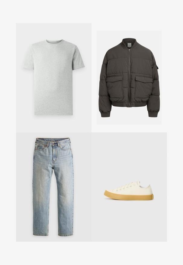 Puffer jacket in dark gray with a ribbed collar, full zip, and two front pockets. Quilted texture with a slightly cropped silhouette.; Plain light gray short-sleeve crew neck T-shirt displayed on a white background, front view with no visible logos or designs.; Light blue denim jeans with high waist, front button, zipper, and five-pocket design, laid flat on a neutral background.; Canvas sneakers in off-white with a round toe, featuring beige rubber soles and five eyelets for laces, textured finish on the upper.