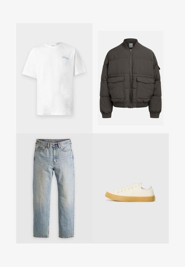 Donzen jas in donkergrijs met een geribbelde kraag, volledige rits en twee voorzakken. Gequilte textuur met een iets verkorte silhouette.; Witte katoen t-shirt met een ronde hals, korte mouwen en lichtblauwe tekst "THE REGAL" op het linker borstgedeelte.; Lichtblauwe denim jeans met hoge taille, frontknop, rits en vijfzakkenontwerp, plat gelegd op een neutrale achtergrond.; Canvas sneakers in off-white met een ronde neus, voorzien van beige rubberen zolen en vijf oogjes voor veters, met een gestructureerde afwerking op de bovenkant.