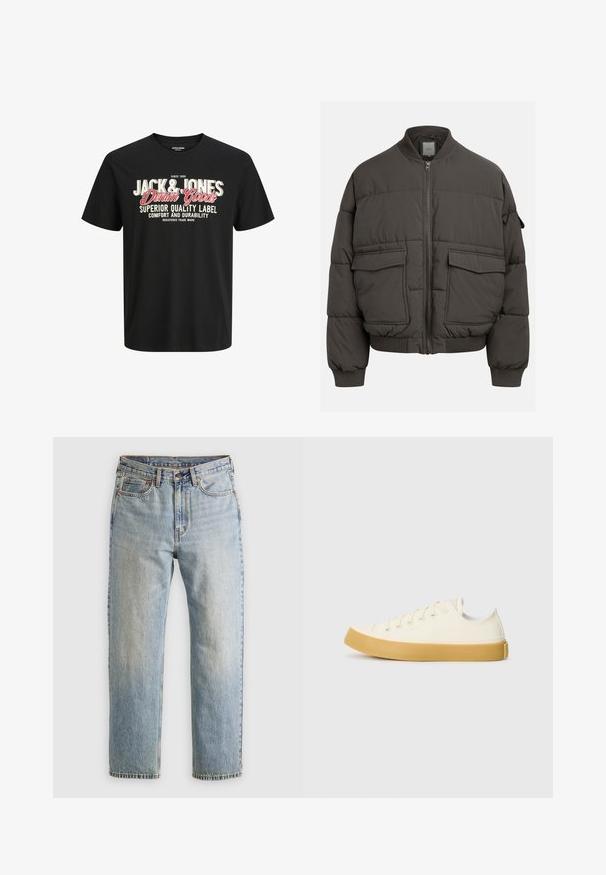 Puffer jacket in dark gray with a ribbed collar, full zip, and two front pockets. Quilted texture with a slightly cropped silhouette.; Black cotton t-shirt with a crew neck. Features bold white and red lettering: "JACK & JONES Denim Goods" and "Superior Quality Label."; Light blue denim jeans with high waist, front button, zipper, and five-pocket design, laid flat on a neutral background.; Canvas sneakers in off-white with a round toe, featuring beige rubber soles and five eyelets for laces, textured finish on the upper.