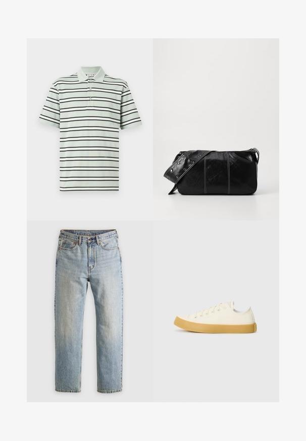 Donzen jas in donkergrijs met een geribbelde kraag, volledige rits en twee voorzakken. Gequilte textuur met een iets verkorte silhouette.; Gestreepte poloshirt in lichtgroen, met zwart en witte horizontale strepen. Drieknoopsluiting en korte mouwen. Katoenen textuur.; Lichtblauwe denim jeans met hoge taille, frontknop, rits en vijfzakkenontwerp, plat gelegd op een neutrale achtergrond.; Canvas sneakers in off-white met een ronde neus, voorzien van beige rubberen zolen en vijf oogjes voor veters, met een gestructureerde afwerking op de bovenkant.; Zwarte leren schoudertas met een ritsluiting, voorzien van een gestructureerd lichaam, witte stiksels en een band met zilveren oogjes.