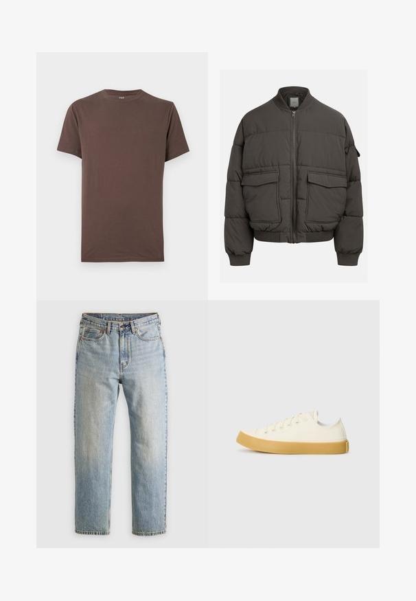 Casaco puffer em cinza escuro com gola canelada, fecho de correr completo e dois bolsos frontais. Textura acolchoada com uma silhueta ligeiramente encurtada.; Camiseta de algodão castanha com decote redondo, mangas curtas e uma textura suave. Sem padrões ou detalhes visíveis. Design de corte padrão.; Jeans de ganga azul claro com cintura alta, fecho frontal, zipper e design de cinco bolsos, dispostos de forma plana sobre um fundo neutro.; Sapatilhas de tela em off-white com biqueira redonda, apresentando solas de borracha bege e cinco ilhós para atacadores, acabamento texturizado na parte superior.
