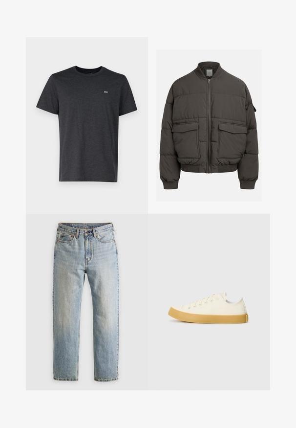 Φουσκωτή ζακέτα σε σκούρο γκρι, με ριμπ λαιμόκοψη, πλήρες φερμουάρ και δύο μπροστινές τσέπες. Με ραφτό σχέδιο και ελαφρώς cropped σιλουέτα.; Σκούρο γκρι κοντομάνικο μπλουζάκι φτιαγμένο από μαλακό ύφασμα, με στρογγυλή λαιμόκοψη και ένα μικρό κεντημένο λογότυπο στο αριστερό στήθος.; Ανοιχτού μπλε τζιν παντελόνι με ψηλή μέση, μπροστινό κουμπί, φερμουάρ και σχεδίαση πέντε τσέπες, τοποθετημένο επίπεδα σε ουδέτερο φόντο.; Καμβάς αθλητικά παπούτσια σε εκρού απόχρωση με στρογγυλή μύτη, διαθέτοντας μπεζ λάστιχα σόλες και πέντε οπές για κορδόνια, με υφή στην επάνω επιφάνεια.