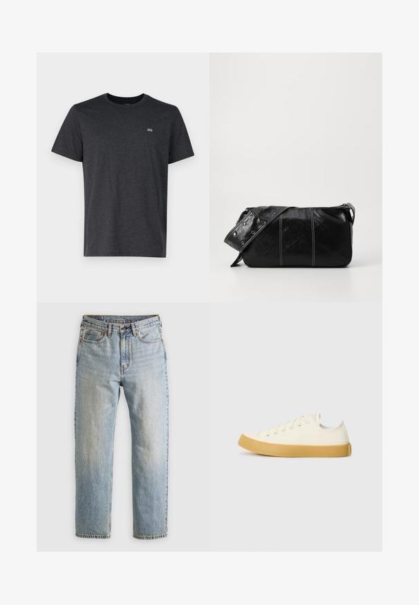 Puffjacka i mörkgrå med ribbad krage, hel dragkedja och två framfickor. Kviltad textur med en något kortad siluett.; Mörkgrå t-shirt med kort ärm i mjukt tyg, med rundad halsringning och en liten broderad logotyp på vänster bröst.; Ljusblå denimjeans med hög midja, framknäppning, dragkedja och femficksdesign, placerade platt på en neutral bakgrund.; Canvas sneakers i off-white med rund tå, med beige gummisulor och fem öglor för snören, texturerad finish på ovandelen.; Svart läder axelväska med dragkedjestängning, som har en texturerad yta, vit sömnad och ett bälte med silveröglor.