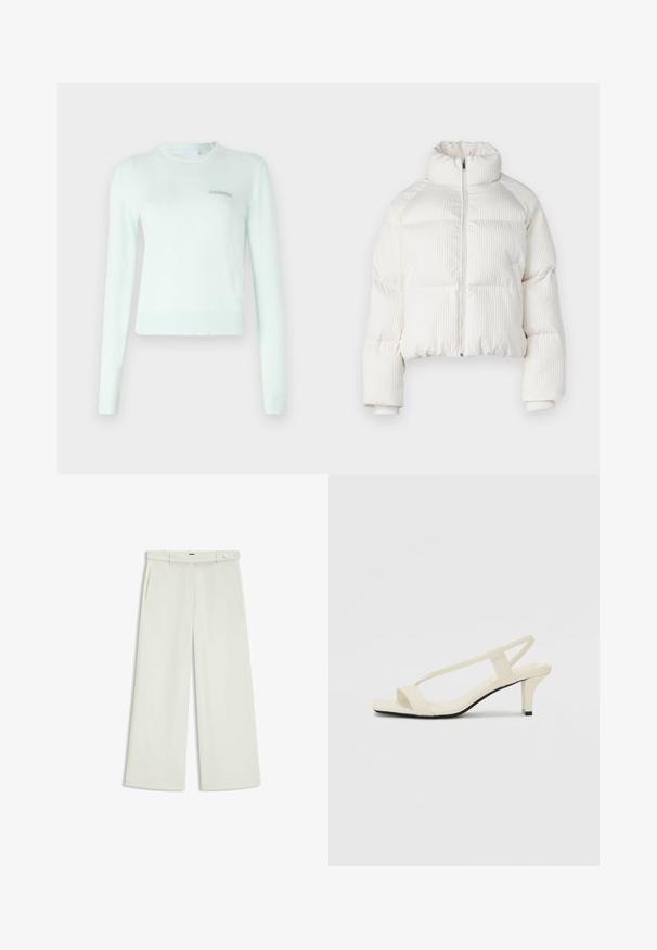 Giacca puffer corta bianca con texture a righe verticali, collo alto, chiusura frontale con zip e polsini elasticizzati. Dotata di tasche laterali.; Maglione verde menta realizzato in tessuto morbido, con maniche lunghe, scollo e polsini a coste, e un piccolo logo ricamato sul petto.; Pantaloni a gamba larga in tessuto crema chiaro, dotati di tasche laterali, frontale liscio e chiusura a un bottone in vita. Texture morbida.; Sandali con tacco a blocco beige, con sottili cinturini e punta quadrata. Materiale liscio con dettagli minimi, progettati per un facile utilizzo.