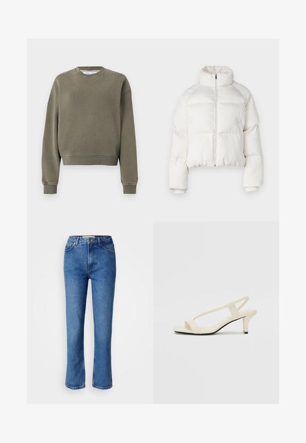 Giacca puffer corta bianca con texture a righe verticali, collo alto, chiusura frontale con zip e polsini elasticizzati. Dotata di tasche laterali.; Sweatshirt corto verde oliva realizzato in tessuto morbido, con colletto tondo, maniche lunghe e polsini a costine sia all'orlo che alle maniche.; Jeans in denim blu con taglio dritto, dotati di un classico design a cinque tasche, cuciture arancioni e chiusura con bottone.; Sandali con tacco a blocco beige, con sottili cinturini e punta quadrata. Materiale liscio con dettagli minimi, progettati per un facile utilizzo.