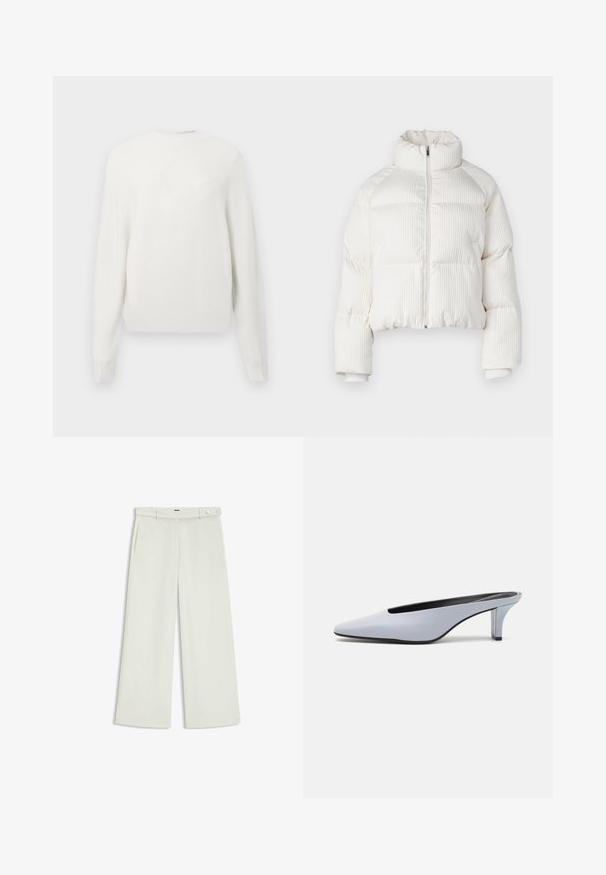 White cropped puffer jacket with vertical ribbed texture, high collar, front zip closure, and elastic cuffs. Features side pockets.; White knitted sweater with long sleeves and a rounded neckline. The fabric appears soft and lightweight with a smooth texture.; Wide-leg pants in light cream fabric, featuring side pockets, a flat front, and a single button closure at the waist. Smooth texture.; Light blue patent leather mule with a pointed toe, low transparent heel, and a sleek design featuring a cut-out at the vamp.