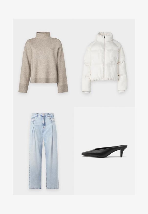 Balta piegriezta pūkaina jaka ar vertikālu ribotu tekstūru, augstu apkakli, priekšējo rāvējslēdzēju un elastīgām piedurknēm. Iekļauj sānu kabatas.; Beige krūšturis ar augstu apkakli, izgatavots no mīksta adīta auduma. Tam ir saīsināts dizains, garas piedurknes un ribotas aproces un apakšmala.; Gaiši zilas džinsu bikses ar augstu jostasvietu, plats kāju griezumu, divām sānu kabatām un krokotā dizaina akcentiem. Mīksta tekstūra ar izdilušu apdari.; Melnas ādas smailes čības ar zemu stiletto papēdi. Gluda tekstūra, minimālistisks dizains un atvērta aizmugure vieglai uzvilkšanai.