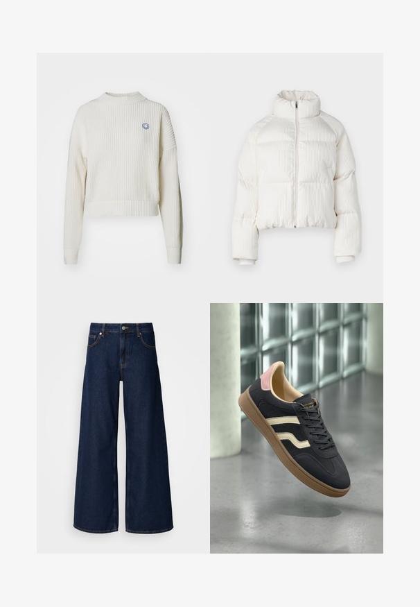 Hvid cropped pufferjakke med vertikal ribbet tekstur, høj krave, lynlås lukning foran og elastiske manchetter. Har sidelommer.; Hvid ribstrikket sweater med høj krave og sænkede skuldre. Har et lille blåt smiley-logo på brystet. Korte design.; Bredde ben mørkeblå denimbukser med høj talje, frontlommer og knaplukning. Har kontrastsyninger og en glat tekstur.; Marineblå lædersneakers med cremefarvede striber, lyserøde accenter på hælen og en struktureret brunt gummisål. Klassisk lav-top design.