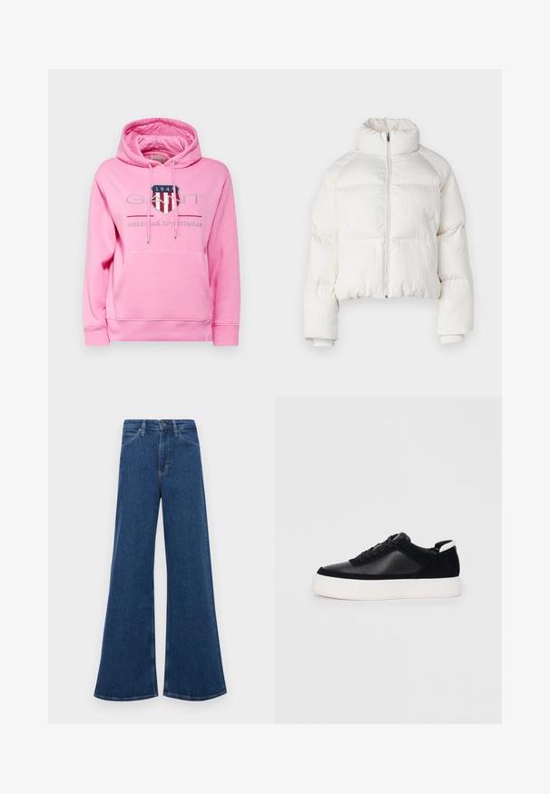 Jachetă puffer albă, scurtă, cu textură verticală și cordon înalt, închidere frontală cu fermoar și manșete elastice. Include buzunare laterale.; GANT ARCHIVE SHIELD HOODIE - Bluză de molton - candy pink; Jeans din denim albastru cu talie înaltă, cu o croială evazată, având cinci buzunare, închidere cu nasture și cusături în contrast pe șuvițe.; Sneaker negru cu piele netedă și panouri din întăritură, șireturi plate, vârf rotund și talpă din cauciuc alb. Logo distinct pe călcâi.
