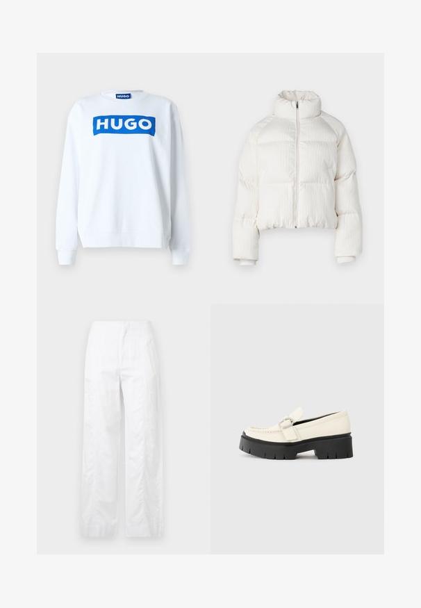 Casaco puffer cropped branco com textura ribateada vertical, gola alta, fecho frontal com zip e punhos elásticos. Apresenta bolsos laterais.; Sweatshirt branco em mistura de algodão com um logo azul "HUGO" na frente, gola redonda e punhos e bainha canelados.; Calças brancas de perna larga feitas de um tecido leve, com uma textura suave, linhas limpas e um design de cintura alta.; Mocassim de couro branco com sola plataforma preta robusta, apresentando uma fivela retangular prateada e detalhes de costura visíveis na parte superior.