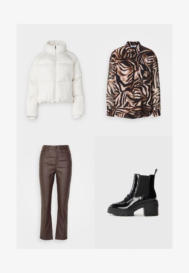 Veste courte en duvet blanche avec texture côtelée verticale, col haut, fermeture éclair à l'avant et poignets élastiques. Comprend des poches latérales.; Chemise à manches longues en tissu léger avec un motif zèbre noir et marron, dotée d'une fermeture à boutons sur le devant et d'une poche poitrine.; Pantalons en faux cuir marron avec une coupe droite, dotés de cinq poches, d'une fermeture à bouton sur le devant et d'accents de couture visibles.; Bottines en verni noir avec un talon épais, des panneaux latéraux élastiques, une sangle décorative et des coutures contrastées. Texture lisse avec une finition brillante.