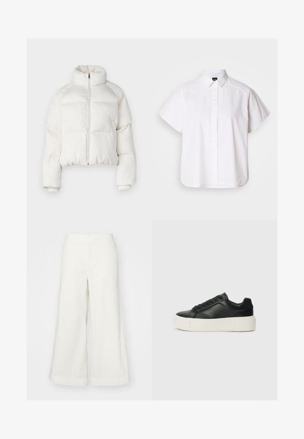 Bijela skraćena puffer jakna s vertikalnom rebrastom teksturom, visokim ovratnikom, prednjim zatvaranjem na zip i elastičnim manžetama. Ima bočne dzepove.; Bijela kratka košulja s gumbima i uskim ovratnikom, s zakrivljenim rubom. Napravljena od pamuka s glatkom teksturom i bez vidljivih uzoraka.; Bijele hlače širokih nogavica od laganog materijala, s visokim strukom i šavovima, nude opušteni kroj i čiste linije.; Crne kožne tenisice sa zaobljenim vrhom, bijelom platformom i crnim vezicama. Imaju suptilan logo na peti i glatku teksturu.