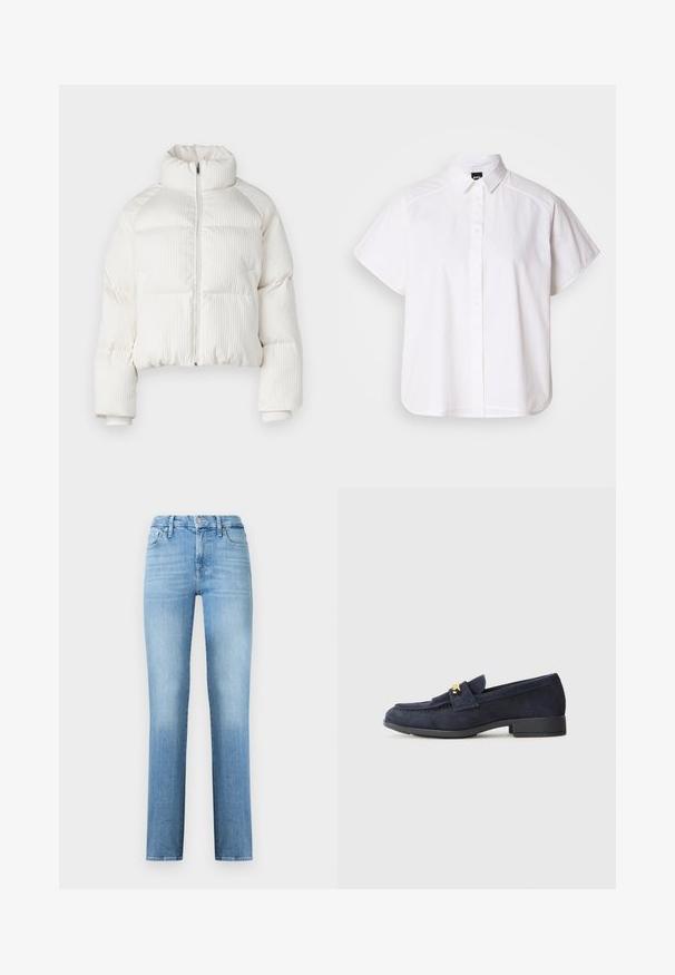 Veste courte en duvet blanche avec texture côtelée verticale, col haut, fermeture éclair à l'avant et poignets élastiques. Comprend des poches latérales.; Chemise blanche à manches courtes, à boutons, avec un col pointu et un ourlet arrondi. Fabriquée en coton, elle possède une texture lisse et sans motifs visibles.; Jean droit bleu clair en denim, avec un design classique à cinq poches et une taille cousue avec fermeture à bouton sur le devant.; Mocassins en suede marine avec un petit talon noir, ornés d'un détail en matériel doré à l'avant et d'un design à bout rond.