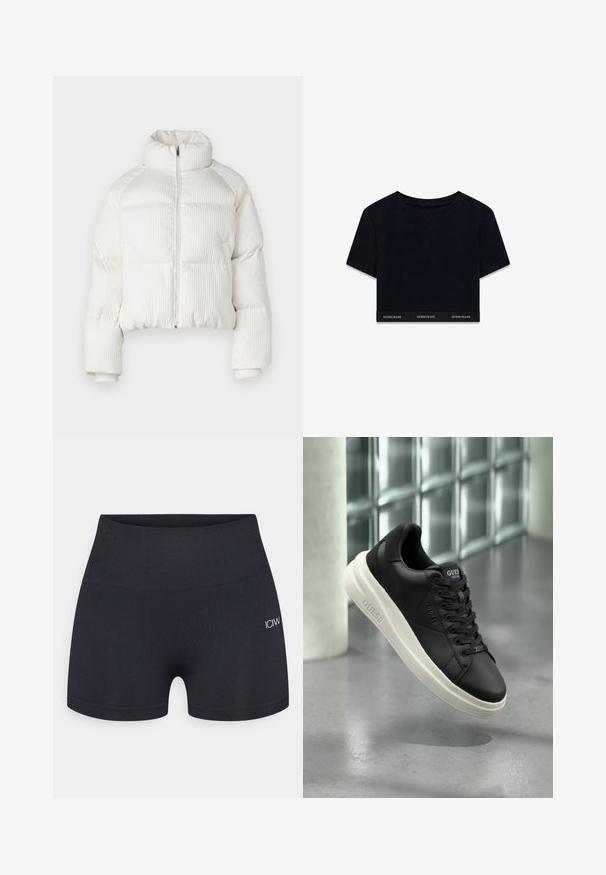 White cropped puffer jacket with vertical ribbed texture, high collar, front zip closure, and elastic cuffs. Features side pockets.; Black cropped t-shirt in soft fabric with short sleeves and round neckline. Features a branded band at the hem with "GUESS JEANS" in white.; Black fitted shorts made of stretchy material, featuring a wide waistband and subtle logo detail on the side. Smooth surface texture.; Black low-top Guess sneaker with white sole, laces, and branding on side and tongue, displayed against a glass block wall background.