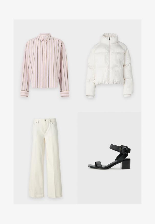 Veste courte en duvet blanche avec texture côtelée verticale, col haut, fermeture éclair à l'avant et poignets élastiques. Comprend des poches latérales.; Chemise rayée rose clair avec des lignes verticales vertes et jaunes, fermeture à boutons, et manches longues avec des poignets contrastants.; Jean blanc à jambes larges en tissu mélangé de coton. Caractéristiques : fermeture à glissière, format cinq poches et coutures le long des coutures.; Sandale à talon en cuir noir avec sangle de cheville ajustable, design à bout ouvert et talon carré. Texture lisse, style minimaliste.