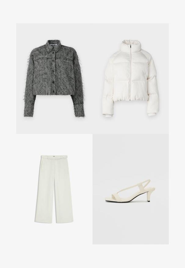 Weißer, gekürzter Pufferjacke mit vertikaler gerippter Textur, hohem Kragen, Frontreißverschluss und elastischen Bündchen. Mit seitlichen Taschen.; Schwarze und graue Fischgrät-muster cropped Jacke mit Knopfverschluss, langen Ärmeln und klassischem Kragen, der eine strukturierte, flauschige Oberfläche aufweist.; Weite Hose aus zartem Creme-Stoff, mit seitlichen Taschen, flatem Bund und einer Knopfverschluss an der Taille. Glatte Textur.; Beige Blockabsatzsandalen mit dünnen Riemen und quadrater Spitze. Glattes Material mit minimalem Design, entworfen für einfaches Tragen.