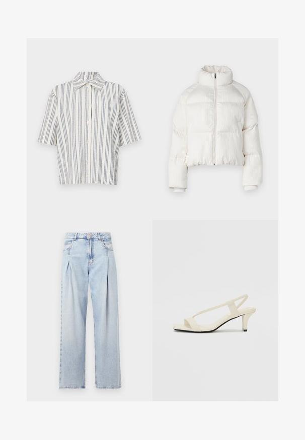 Fehér, rövidített puffermellény függőleges bordás textúrával, magas gallérral, elöl cipzárral, és elasztikus mandzsettákkal. Oldalsó zsebekkel rendelkezik.; Rövid ujjú, gombos ing, amely krémszínű alapszínnel és sötétkék függőleges csíkokkal rendelkezik. Könnyű anyagból készült, standard gallérral és laza szabással.; Világoskék farmernadrág magas derekú, bő szabású, két oldalsó zsebbel és pliszírozott dizájnnal. Puha tapintású, elhalványított felület.; Beige színű, blokksarkú szandálok vékony pántokkal és négyzet alakú orral. Simább anyag, minimális részletezéssel, amely könnyű viselésre lett tervezve.