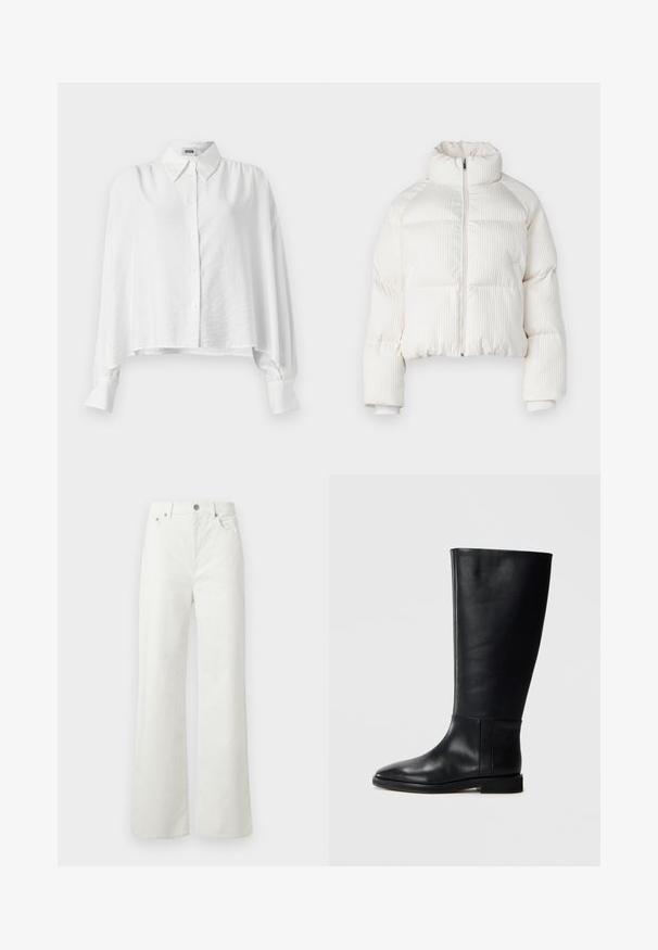 Giacca puffer corta bianca con texture a righe verticali, collo alto, chiusura frontale con zip e polsini elasticizzati. Dotata di tasche laterali.; Camicia bianca con bottoni, dal fit rilassato, con colletto aperto, maniche lunghe e orlo leggermente accorciato. Tessuto liscio e leggero.; Samsøe Samsøe SHELLY - Jeans baggy - clear cream; Stivale in pelle nera al ginocchio con punta arrotondata, texture liscia, design minimalista e suola piatta. Dettagli di cucitura semplici sulla gamba.