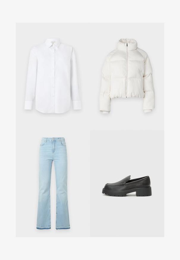 Bela skrajšana puhovka z vertikalno rebrasto teksturo, visokim ovratnikom, sprednjim zadrgo ter elastičnimi manšetami. Ima stranske žepe.; Bela srajca z dolgimi rokavi iz gladkega materiala, z gumbastim zapenjanjem spredaj, klasičnim ovratnikom in zaobljenim robom z manšetami na gumb.; Svijetloplave traperice s rasponom, visokog struka, s prednjim džepovima i sirovim rubom na manžetama za ležeran izgled.; Črne usnjene loafers čevlje z zaobljenim nosom, debelim teksturiranim podplatom in minimalnimi šivi. Elegantna zasnova brez vidnih vezalk ali kovinskih delov.