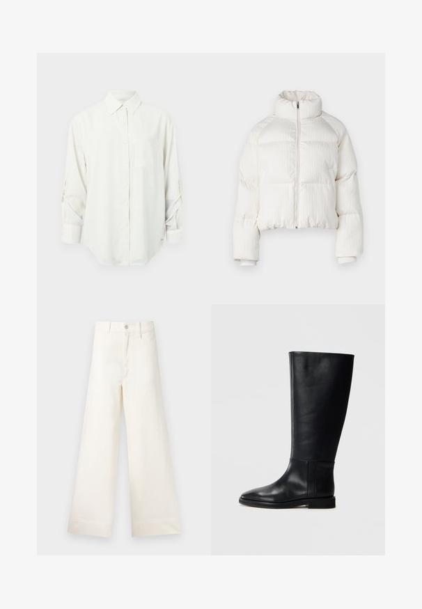Biely skrátený puffa kabát s vertikálnym ryhovaným vzorom, vysokým golierom, predným zipom a elastickými manžetami. Obsahuje bočné vrecká.; Biela košeľa s dlhým rukávom a gombíkmi, s golierom, jednou náprsníkou a vyhrnutými rukávmi. Mäkkučký, hladký materiál a voľný strih.; Široké nohavice z ľahkej béžovej bavlny. Majú vysoký pás, predné vrecká a rovný strih. Čisté ukončenie bez vzorov.; Čierna kožená čižma po kolená s okrúhlym prstom, hladkou textúrou, minimalistickým dizajnom a plochou podrážkou. Jednoduché švy na nohavici.