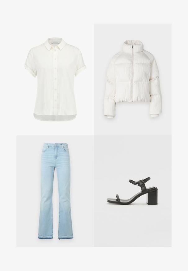 Fehér, rövidített puffermellény függőleges bordás textúrával, magas gallérral, elöl cipzárral, és elasztikus mandzsettákkal. Oldalsó zsebekkel rendelkezik.; Fehér, rövid ujjú blúz, könnyű anyagból készült, gombos elejével, gallérral és felgöngyölített ujjakra, enyhén ívelt alját ragyogó.; Világoskék, trapéz fazonú farmernadrág, magas derékkal, elülső zsebekkel és nyers szegéllyel a szárakon, amely laza megjelenést kölcsönöz.; Fekete bőr, tömbsarkú szandál széles pánttal a lábujjak felett és állítható bokapánttal, letisztult, minimalista dizájnnal.