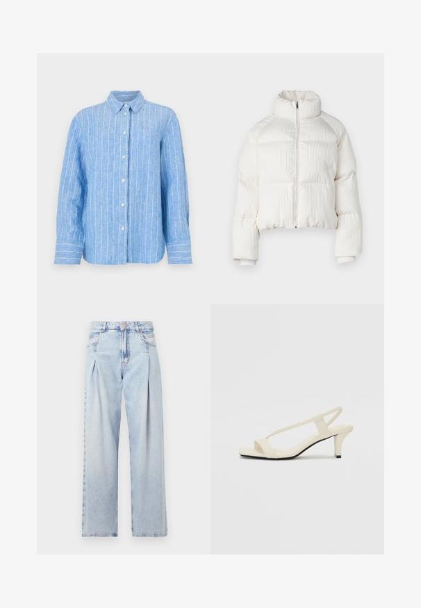 Weißer, gekürzter Pufferjacke mit vertikaler gerippter Textur, hohem Kragen, Frontreißverschluss und elastischen Bündchen. Mit seitlichen Taschen.; Hemd aus hellblauem Leinen mit weißen vertikalen Streifen, langen Ärmeln, durchgängiger Knopfleiste und klassischem Kragen. Strukturierter Stoff mit lässiger Passform.; Helle blaue Denim-Jeans mit hoher Taille, weitem Beinschnitt, zwei seitlichen Taschen und gefaltetem Design. Weiche Textur mit einem ausgebleichten Finish.; Beige Blockabsatzsandalen mit dünnen Riemen und quadrater Spitze. Glattes Material mit minimalem Design, entworfen für einfaches Tragen.