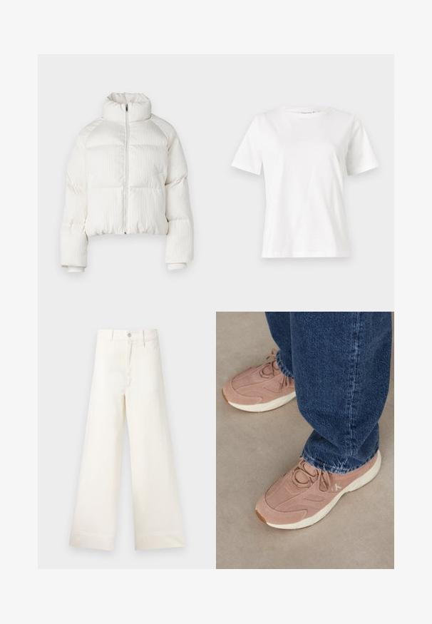 Casaco puffer cropped branco com textura ribateada vertical, gola alta, fecho frontal com zip e punhos elásticos. Apresenta bolsos laterais.; T-shirt de algodão branco com mangas curtas, decote redondo e um corte descontraído. Textura suave, sem padrões ou detalhes, design minimalista.; Calças largas em algodão bege claro. Apresentam uma cintura alta, bolsos frontais e um corte reto. Acabamento de bainha limpo, sem padrões.; Sapatilhas atléticas rosa claro com um exterior de camurça texturizado, apresentando uma sola branca e uma marca discreta, combinadas com jeans azul-escuro.
