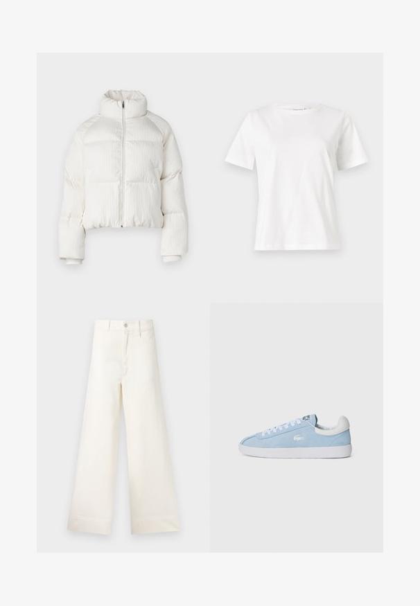 Valkoinen lyhyt puffatakkia, jossa on pystyribattu pinta, korkea kaulus, etuvetoketjukiinnitys ja elastiset hihansuut. Varustettu sivutaskuilla.; Valkoinen puuvillapaita lyhyillä hihoilla, pyöreällä kaula-aukolla ja rentolla istuvuudella. Sujuva rakenne, ei kuvioita tai yksityiskohtia, minimalistinen muotoilu.; Suorat lahkeet vaaleasta beige puuvillasta. Korkea vyötärö, etutaskut ja suora leikkaus. Siisti helman viimeistely ilman kuvioita.; Vaaleansiniset mokkasiinikenkiä, joissa on valkoiset nauhat ja kumipohja. Sivussa on pieni hopeinen logo ja valkoinen nahkasauma.