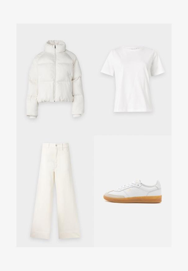 White cropped puffer jacket with vertical ribbed texture, high collar, front zip closure, and elastic cuffs. Features side pockets.; White cotton t-shirt with short sleeves, round neckline, and a relaxed fit. Smooth texture, no patterns or accents, minimalistic design.; Wide-leg trousers in light beige cotton. Features a high waist, front pockets, and a straight cut. Clean hem finishing without patterns.; White leather sneaker with beige suede accents, gum rubber sole, and lace-up design. Features subtle branding in gold.