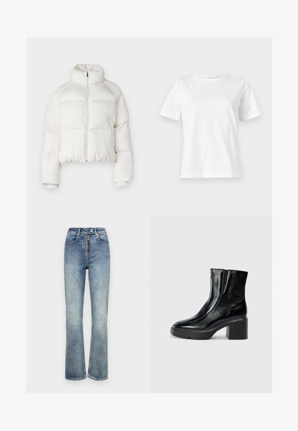 Balta piegriezta pūkaina jaka ar vertikālu ribotu tekstūru, augstu apkakli, priekšējo rāvējslēdzēju un elastīgām piedurknēm. Iekļauj sānu kabatas.; Baltas kokvilnas T-krekls ar īsām piedurknēm, apaļu kakla izgriezumu un brīvu piegriezumu. Gluda tekstūra, bez rakstiem vai akcentiem, minimālistisks dizains.; Zilā džinsa plati pastarpes bikses ar gaišu mazgāšanu, ar rāvējslēdzēja priekšpusi, piecu kabatu dizainu un šūšanas detaļām gar šuvēm.; Melnas lakotas ādas potītes zābaki ar izliekto purngalu, elastīgām sānu paneļiem un masīvu blokveida papēdi. Aizmugurē ir izsistā logo.