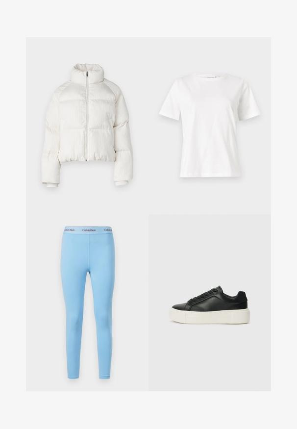 Weißer, gekürzter Pufferjacke mit vertikaler gerippter Textur, hohem Kragen, Frontreißverschluss und elastischen Bündchen. Mit seitlichen Taschen.; Weißes Baumwoll-T-Shirt mit kurzen Ärmeln, Rundhalsausschnitt und lockerer Passform. Glatte Textur, keine Muster oder Akzente, minimalistisches Design.; Blaue Leggings aus glattem, dehnbarem Stoff mit einfarbigem Design und einem Taillenbund mit dem "Calvin Klein"-Logo in kontrastierenden Farben.; Schwarze Leder-Sneaker mit abgerundeter Zehenpartie, weißer Plattformsohle und schwarzen Schnürsenkeln. Verfügt über ein dezentes Logo an der Ferse und eine glatte Textur.