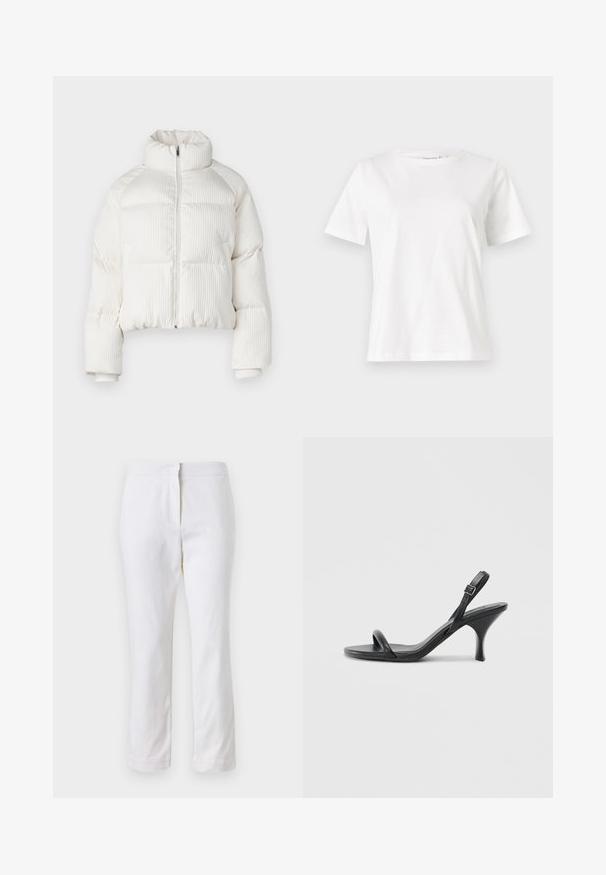 Casaco puffer cropped branco com textura ribateada vertical, gola alta, fecho frontal com zip e punhos elásticos. Apresenta bolsos laterais.; T-shirt de algodão branco com mangas curtas, decote redondo e um corte descontraído. Textura suave, sem padrões ou detalhes, design minimalista.; Calças de algodão brancas com um design de perna reta, apresentando uma cintura de altura média e sem hardware ou padrões visíveis. Textura suave por toda a peça.; Sandálias de salto alto em couro preto com um salto curvado e fino e um design de tiras cruzadas. Correia ajustável no tornozelo. Textura suave.