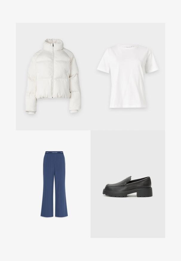 Veste courte en duvet blanche avec texture côtelée verticale, col haut, fermeture éclair à l'avant et poignets élastiques. Comprend des poches latérales.; T-shirt en coton blanc à manches courtes, col rond et coupe décontractée. Texture lisse, sans motifs ni accents, design minimaliste.; Pantalons large marine en tissu doux avec une texture lisse. Dotés d'une taille élastique avec le logo "Calvin Klein" en haut.; Mocassins en cuir noir avec un bout arrondi, une semelle épaisse et texturée, et des détails de couture minimalistes. Design épuré sans lacets ni métal visibles.