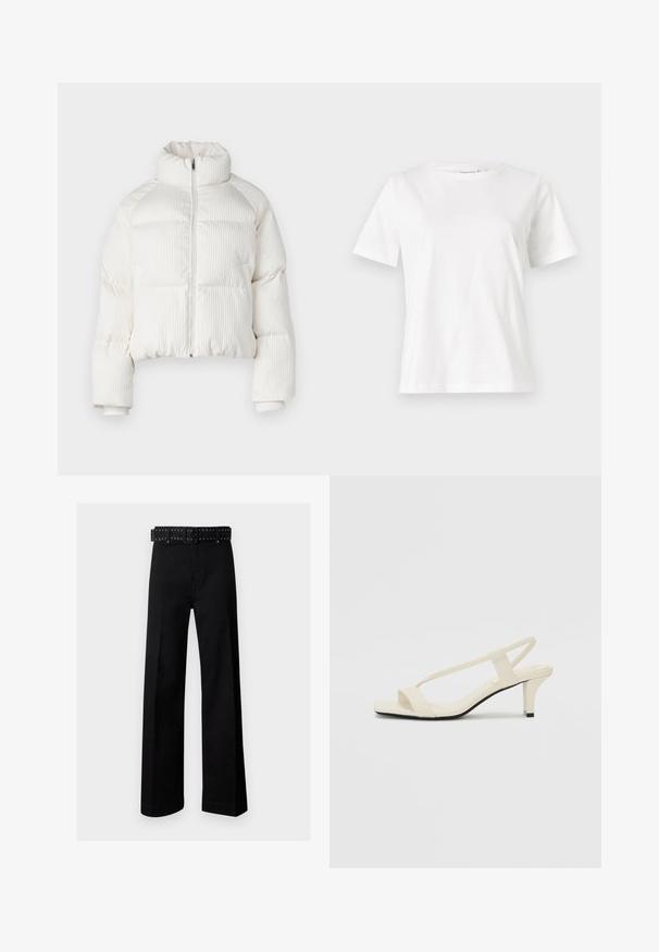 Balta trumpa pūkinė striukė su vertikaliu raukšlėtu paviršiumi, aukštu apykakle, priekyje užtrauktuku ir elastingais rankogaliais. Su šoninėmis kišenėmis.; Balta medvilninė marškinėliai trumpomis rankovėmis, su apvalia iškirpte ir laisvu siluetu. Lygi tekstūra, be raštų ar akcentų, minimalistinis dizainas.; Juodos plačios kelnės, pagamintos iš medvilnės, su plokščiu priekiu ir kontrastinga, studėmis dekoruota diržo. Turi tiesų kirpimą ir šonines kišenes.; Kreminės blokų kulno šlepetės su plonomis dirželiais ir kvadratiniu pirštu. Lygus medžiaga su minimaliais akcentais, sukurtos lengvam dėvėjimui.