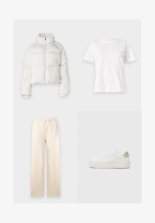 Balta trumpa pūkinė striukė su vertikaliu raukšlėtu paviršiumi, aukštu apykakle, priekyje užtrauktuku ir elastingais rankogaliais. Su šoninėmis kišenėmis.; Balta medvilninė marškinėliai trumpomis rankovėmis, su apvalia iškirpte ir laisvu siluetu. Lygi tekstūra, be raštų ar akcentų, minimalistinis dizainas.; Kreminės spalvos sportinės kelnės, pagamintos iš minkštos medžiagos, su elastingu diržu ir raišteliu, plačiomis kojomis ir be matomų raštų.; Baltos sportbačiai su lygiu odiniu viršumi, šviesiai pilku aksominiu kulno akcentu ir masyviu baltu guminiu padu. Yra raištelių užsegimas.