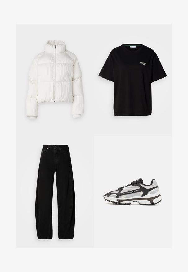 Fehér, rövidített puffermellény függőleges bordás textúrával, magas gallérral, elöl cipzárral, és elasztikus mandzsettákkal. Oldalsó zsebekkel rendelkezik.; Fekete pamut póló rövid ujjakkal, bal mellkason egy kis zöld logóval. Klasszikus kerek nyakkivágás, laza szabás.; Fekete farmer széles lábú nadrág magas derékkal, gombos záródással, öt zsebbel és minimális varrási részletekkel.; Szürke és fekete fűzős sportcipő, hálós és szintetikus anyagokból, rétegzett dizájnnal, texturált részletekkel és bordázott gumitalppal.