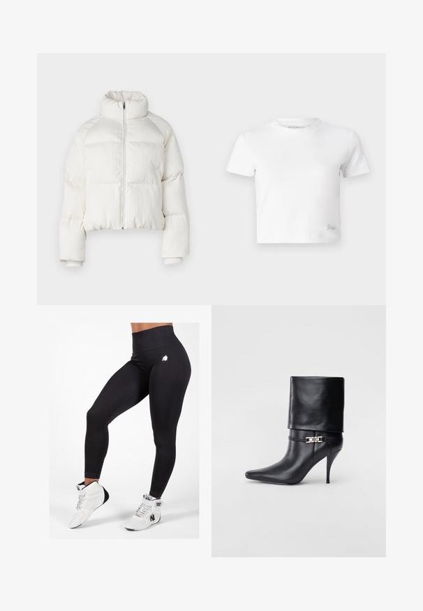 Bijela skraćena puffer jakna s vertikalnom rebrastom teksturom, visokim ovratnikom, prednjim zatvaranjem na zip i elastičnim manžetama. Ima bočne dzepove.; Bijela skraćena majica izrađena od glatkog pamuka, s visokim izrezom i kratkim rukavima. Mali izvezeni logo u donjem kutu.; Crne atletske tajice s visokim strukom, na kojima se nalazi mali logo, teksturirani detalji blizu članaka, te su uparene s bijelom obućom.; Crna kožna gležnjača s šiljastim prstom, visokim stiletto potplatom, preklopnim rubom i zlatnom dekorativnom kopčom na gležnju.