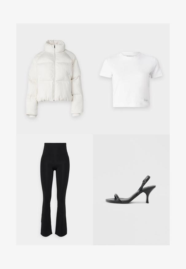 Bijela skraćena puffer jakna s vertikalnom rebrastom teksturom, visokim ovratnikom, prednjim zatvaranjem na zip i elastičnim manžetama. Ima bočne dzepove.; Bijela skraćena majica izrađena od glatkog pamuka, s visokim izrezom i kratkim rukavima. Mali izvezeni logo u donjem kutu.; Crne visokotalzne flared tajice napravljene od elastične tkanine, s glatkom teksturom i uskim krojem kroz bedra s laganim izrezom na rubu.; Crne kožne sandale na visoku petu s tankom, zakrivljenom petom i dizajnom prekriženih traka. Podesiva traka oko gležnja. Glatka tekstura.