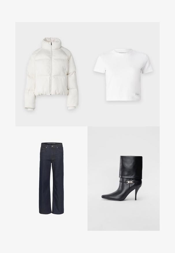 Bijela skraćena puffer jakna s vertikalnom rebrastom teksturom, visokim ovratnikom, prednjim zatvaranjem na zip i elastičnim manžetama. Ima bočne dzepove.; Bijela skraćena majica izrađena od glatkog pamuka, s visokim izrezom i kratkim rukavima. Mali izvezeni logo u donjem kutu.; Tamne široke traperice tamne boje s visokim strukom, koje imaju pet džepova, kontrastne šavove i sirovi rub na dnu.; Crna kožna gležnjača s šiljastim prstom, visokim stiletto potplatom, preklopnim rubom i zlatnom dekorativnom kopčom na gležnju.