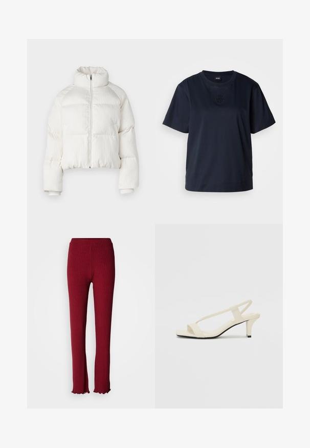 Jachetă puffer albă, scurtă, cu textură verticală și cordon înalt, închidere frontală cu fermoar și manșete elastice. Include buzunare laterale.; Tricou de culoare bleumarin cu maneca scurtă, realizat din bumbac moale. Previne o gât rotund și are un logo brodat subtil pe piept.; Colanți roșii cu dungi, având un design mulat, textură moale, tiv evazat și o talie elastică pentru confort.; Sandale bej cu toc bloc, cu bretele subțiri și vârf pătrat. Material neted cu detalii minime, concepute pentru a fi ușor de purtat.