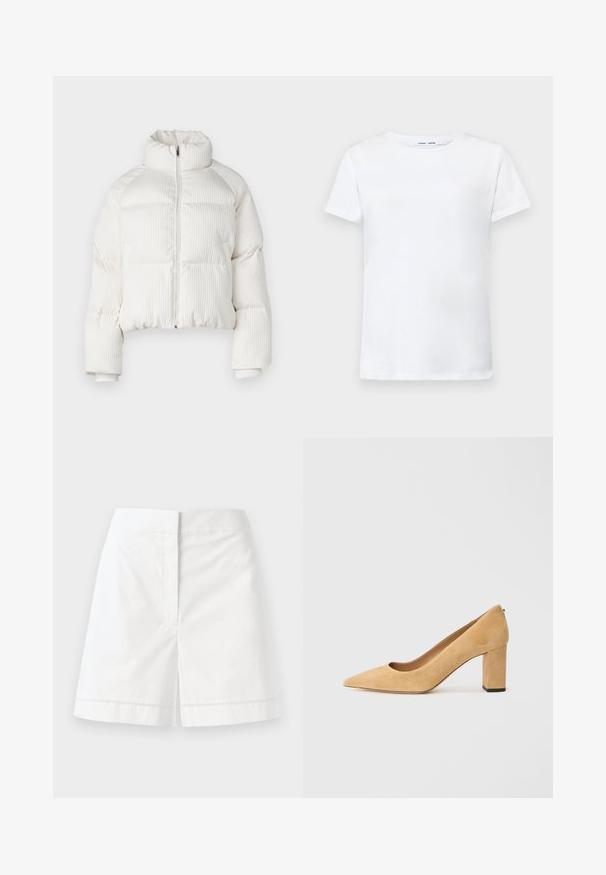 White cropped puffer jacket with vertical ribbed texture, high collar, front zip closure, and elastic cuffs. Features side pockets.; White short-sleeve t-shirt made of cotton with a crew neck design. Smooth texture and straight cut, no patterns or accents.; White cotton shorts with a straight cut, featuring a smooth texture, back pockets, and a decorative stitch along the hem.; Beige suede high-heeled pump with a pointed toe and a chunky block heel. The material has a soft texture with a smooth finish.