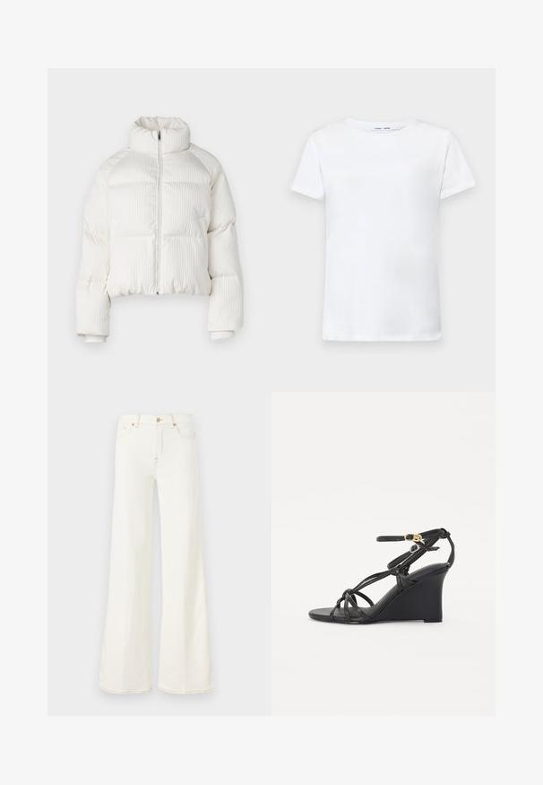 Biely skrátený puffa kabát s vertikálnym ryhovaným vzorom, vysokým golierom, predným zipom a elastickými manžetami. Obsahuje bočné vrecká.; Biela tričko s krátkymi rukávmi vyrobené z bavlny s okrúhlym výstrihom. Hladká textura a rovný strih, bez vzorov alebo akcentov.; Džínsy s širokými nohavicami vyrobené zo solidnej bielej džínoviny, s viditeľným šitím a zapínaním na gombík. Dizajn zahŕňa tradičné vrecká a hladkú textúru.; Čierne klinové sandále s tenkými, prekríženými remienkami a nastaviteľným členkovým remienkom so zlatou sponou. Hladký kožený povrch.