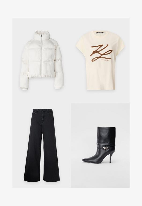 Bílá zkrácená péřovka s vertikálním žebrovaným texturou, vysokým límcem, předním zipem a elastickými manžetami. Má boční kapsy.; Krémové bavlněné tričko s krátkým rukávem, na přední straně s hnědým vyšitým logem a nápisem.; Černé džíny s širokým nohavicemi a vysokým pasem, s předním zapínáním na knoflík, vystavené na jednobarevném pozadí.; Černé kožené kotníkové boty s špičatou špičkou, vysokým stiletto podpatkem, ohrnovací manžetou a zlatým ozdobným přezkovým detailem na kotníku.