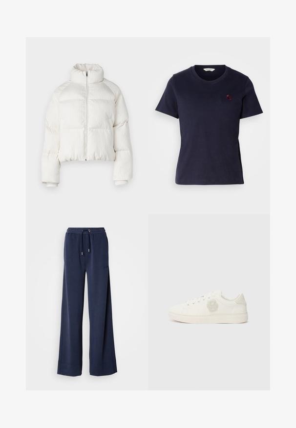 Balta trumpa pūkinė striukė su vertikaliu raukšlėtu paviršiumi, aukštu apykakle, priekyje užtrauktuku ir elastingais rankogaliais. Su šoninėmis kišenėmis.; Tamsiai mėlynas medvilninis marškinėliai su V formos iškirpte, trumpomis rankovėmis ir mažu bordo siuvinėtu logotipu krūtinėje. Minkšta tekstūra.; Jūrų laivyno plataus kojų kelnių pagamintų iš švelnios medžiagos, su elastingu liemeniu ir raišteliu, bei logotipu ant kairės kojos.; Balti sportiniai bateliai su lygių odos viršumi, apvali noselė, plokščios raišteliai ir tekstūruota logotipo etiketė šone. Guminis padas su minimalia protekcija.