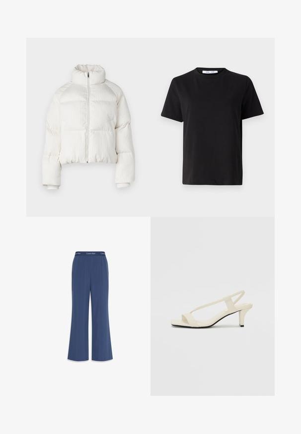 White cropped puffer jacket with vertical ribbed texture, high collar, front zip closure, and elastic cuffs. Features side pockets.; Black short-sleeve t-shirt made of soft cotton, featuring a round neckline, relaxed fit, and a smooth texture. No visible patterns or graphics.; Navy wide-leg pants made of soft fabric with a smooth texture. Features an elastic waistband with "Calvin Klein" logo along the top.; Beige block-heeled sandals with thin straps and a square toe. Smooth material with minimal detailing, designed for easy wear.