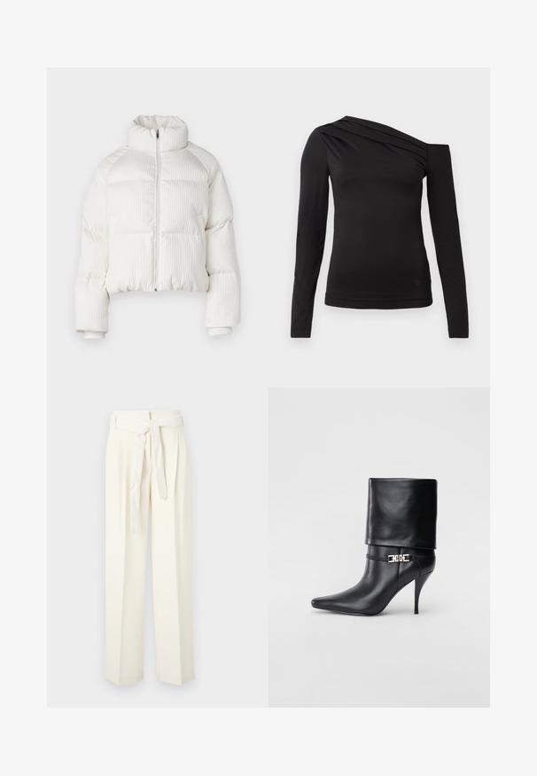 Casaco puffer cropped branco com textura ribateada vertical, gola alta, fecho frontal com zip e punhos elásticos. Apresenta bolsos laterais.; Camisa preta de mangas longas com um decote assimétrico, apresentando um ombro exposto e um drapeado suave pelo peito.; Calças largas de cor creme com cintura com cinto. Feitas de um tecido suave, com pregas e uma textura lisa sem padrões.; Bota de tornozelo em couro preto com bico fino, alto salto stiletto, punho dobrado e detalhe decorativo em fivela dourada no tornozelo.