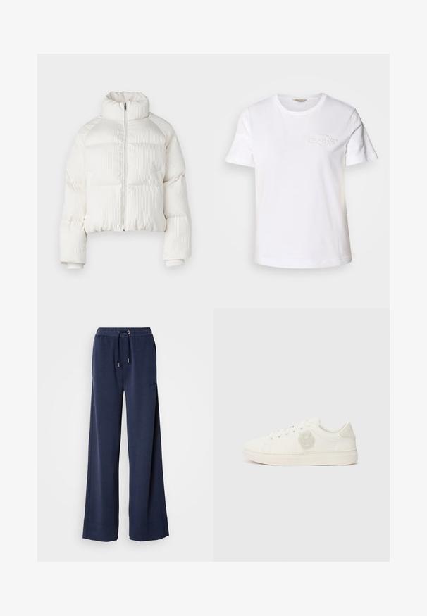 White cropped puffer jacket with vertical ribbed texture, high collar, front zip closure, and elastic cuffs. Features side pockets.; White cotton t-shirt with short sleeves, crew neck, and a subtle embroidered logo on the left chest area. Smooth texture, classic fit.; Navy wide-leg pants made from soft fabric featuring an elastic waistband with a drawstring and logo detail on the front left leg.; White sneaker with a smooth leather upper, round toe, flat laces, and a textured logo patch on the side. Rubber sole with minimal tread.
